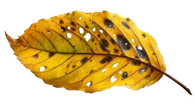 realistic curled yellow leaf with partial decay and holes, isolated on white background