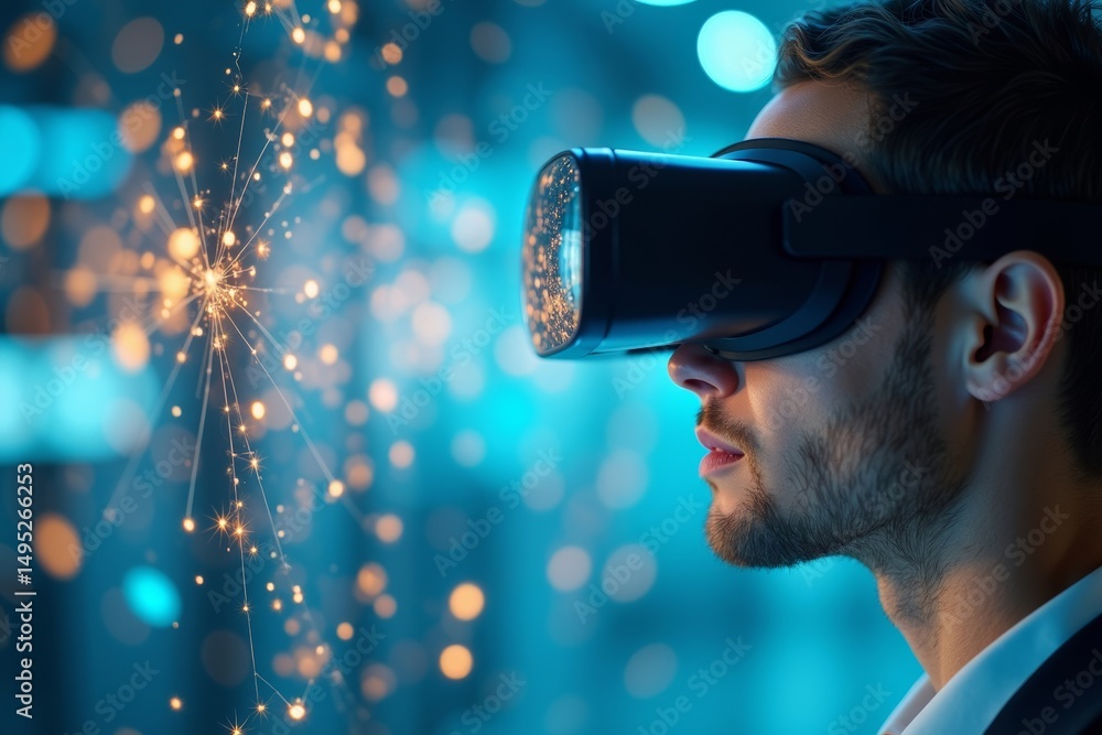 Poster close-up of a businessman utilizing vr technology to navigate a digital map in a modern office envir