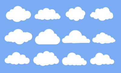 Fototapeta premium Cartoon clouds icons set. Vector flat weather clouds collection for kids app, cloudy landscape, blue sky, sky elements, flat design
