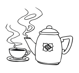 Tea set - teapot, cup with hot tea, hand drawn sketch vector illustration