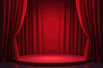 Fototapeta premium Velvet stage curtains drawn back, revealing empty stage Rich, deep red color , theatre, arch