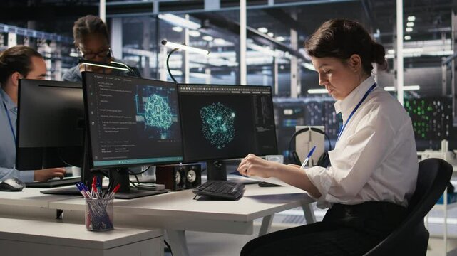 Server room admin holding clipboard, following procedures to evaluate system performance metrics. Data center employee going over maintenance fixes list, running diagnostics on equipment, camera A