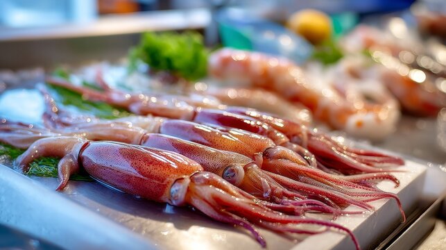Fresh squid on ice at seafood market display with crisp vegetables and vibrant colors