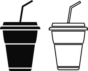 Coffee cup icons set black flat, outline styles. Paper cup logos template. Takeaway concept. Coffee house emblem, creative cafe vectors illustration symbols. Web site page, mobile app design elements.