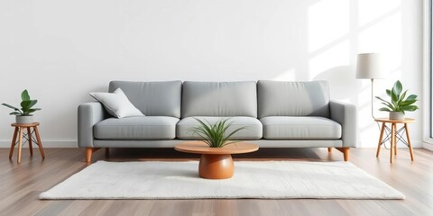 White living room, grey sofa, plant on rug, empty wall, plant,  cozy