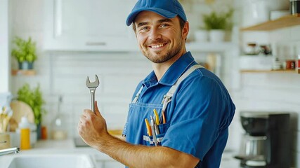 Smiling plumber holding pipe wrench and showing thumb up at sink with tap in the kitchen. secure plumbing services advertisement. Good job. Repairman or handyman fixing a tap. Special offer