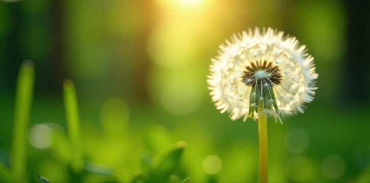 Close-up white dandelion, sunlit forest backdrop Abstract summer nature scene , flower, focus, white