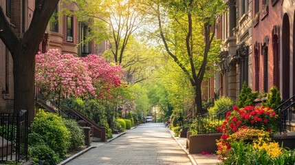 Idyllic streetscape with flowering trees and vintage brownstone buildings in springtime
