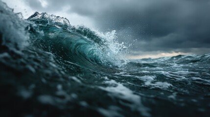 Powerful Ocean Wave Crashing Under a Cloudy Sky, Representing Marine Conservation and Environmental Awareness for Coastal Tourism : Generative AI