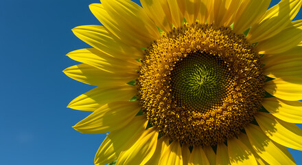Naklejka premium Closeup of a vibrant sunflower against a bright blue sky