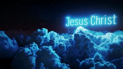 Neon sign "Jesus Christ" in the clouds. For Christian religious publications
