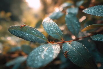 Ants Crawling on Dew-Covered Leaves in Morning Light, Illustrating Teamwork and Natural Pest Control for Sustainable Gardening : Generative AI