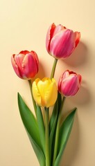 Obraz premium Elegant beige backdrop, vibrant tulips Spring/Mother's Day greeting card , pastel, mothers day