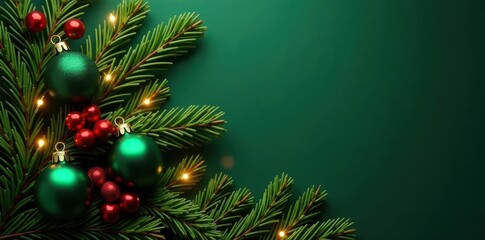 Fototapeta premium Elegant pine & holly arrangement against deep green Ornaments add festive sparkle , holly berries, nature, holiday