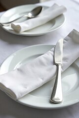 Elegant silver cutlery, crisp napkin, pristine tablecloth , place setting, meal, background