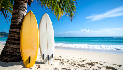 Tropical Beach Surf Scene Two Surfboards Leaning Against Palm Tree