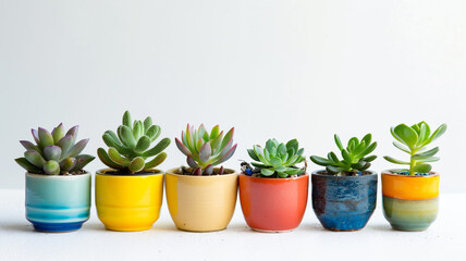 Obraz premium Six small succulents in bright pots. Perfect for adding a touch of nature to your home or office. Easy to care for!