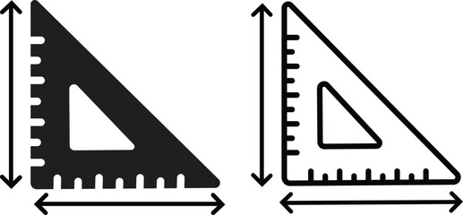 Triangle Ruler Icons set flat and outline styles. Suitable for school vectors, decoration, pattern or editing tool symbols. Rafter square illustration collection for precise construction measurements.