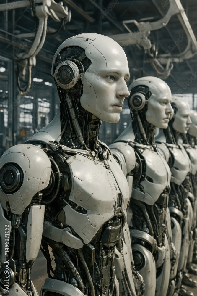 Aufkleber robotic figures displayed in a futuristic factory space during daylight showcasing advanced technolo