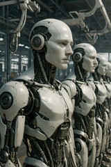 Robotic figures displayed in a futuristic factory space during daylight showcasing advanced technology and design aesthetics
