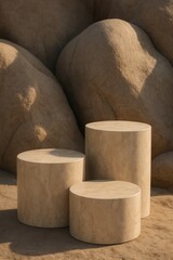 Natural stone pedestals positioned among large rocks create a serene and minimalist outdoor setting