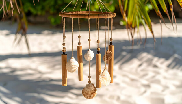 Hiasan gantung dari bambu yang bunyi ketika ada angin, di pantai pasir putih. Summer Beach, Summer hollyday vibes.