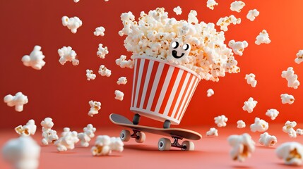 Popcorn bucket skateboarding on a red background.