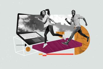 Poster image collage of people stand near laptop screen on blue background