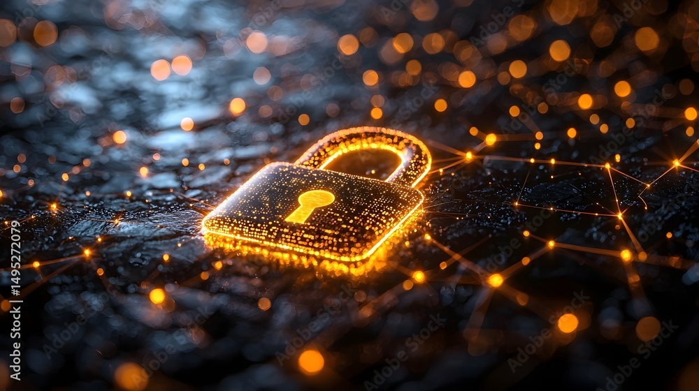 Poster glowing cybersecurity padlock icon on a digital network background