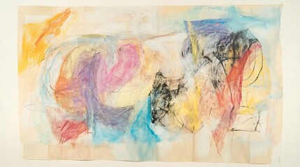 Abstract painting features layered washes of color and charcoal marks in a dynamic composition.