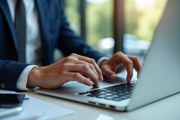 An Abstract Close-up of a Businessman Typing on a Modern Laptop in a Busy Workday