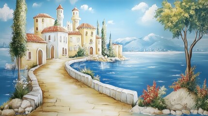 Fototapeta premium Coastal village scene with a winding pathway.