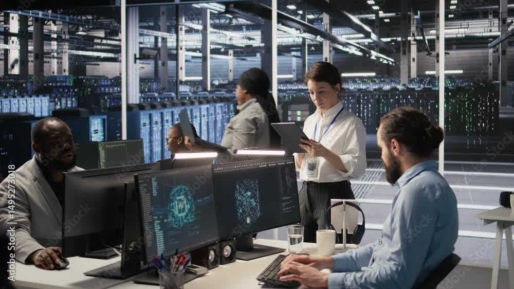 Poster data center team of technicians working on neural network software development. server hub colleague