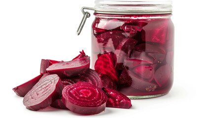 Pickled beetroot in a glass jar with slices. Sweet, tangy, and vibrant. Great as a side or in salads.