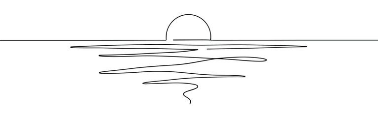 Sun on sea continuous one line drawing. Hand drawn sunshine.