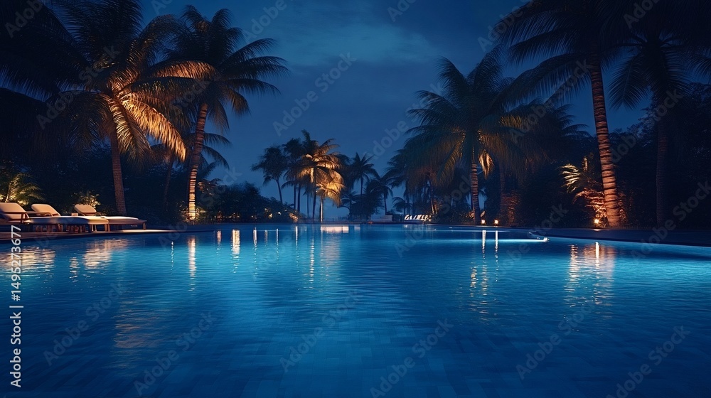 Poster serene poolside scene with palm trees illuminated by gentle lights, creating a tranquil tropical atm