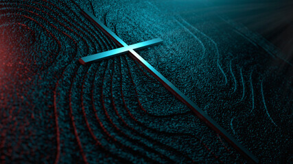 The cross on dark background with sunlight. 3d render illustration