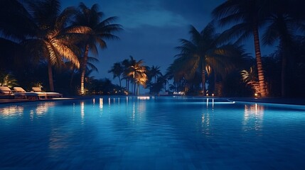 Obraz premium Serene poolside scene with palm trees illuminated by gentle lights, creating a tranquil tropical atmosphere. The calm water reflects the night sky, offering a peaceful retreat