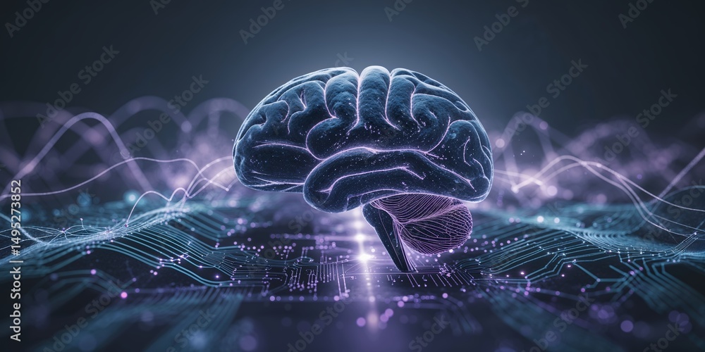 Poster neurological representation with digital elements showcasing the connection between the brain and te