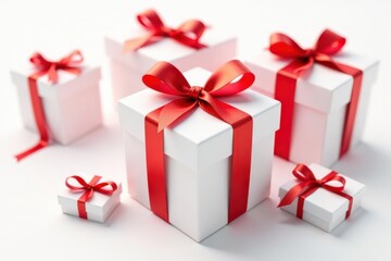 Obraz premium Several white gift boxes with elegant red ribbons, isolated on white , photography, graphic