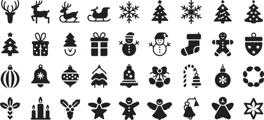 Collection of Black Christmas Icons for Holiday Designs