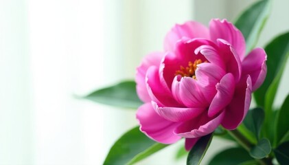 Obraz premium Single plum purple peony, lush green leaves, soft light, white background , blossom, fresh