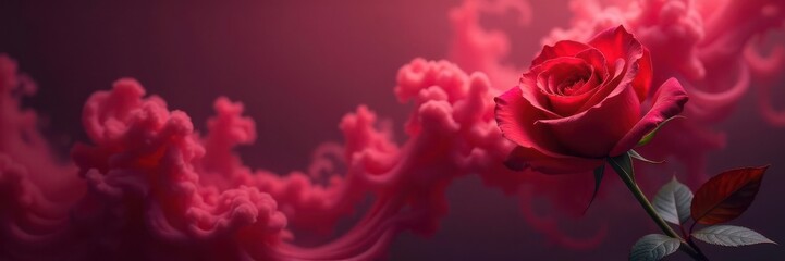 Single red rose emerges from vibrant smoke swirls , passion, colorful background
