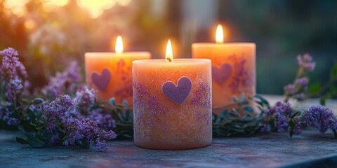 Beautifully arranged candles with hearts and flowers create a serene ambiance at sunset in an outdoor setting