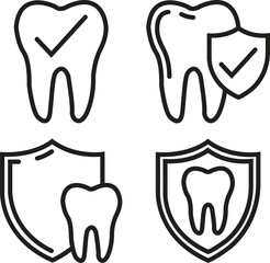 Dental insurance outline icon set. Tooth depicting vectors for websites, mobile interfaces, presentations and visual branding. Teeth care shield protection bacteria symbol. Hospital and medical signs.