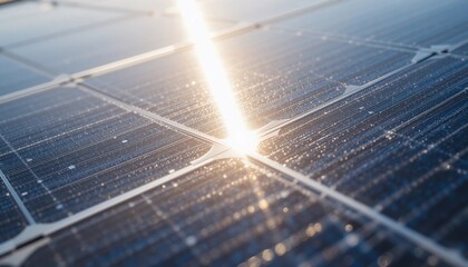 Clean Solar Panel Energy Production Sunlight on Panels Close Up View