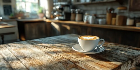 Cozy coffee moment at a rustic café with latte art heart on a wooden table during the morning