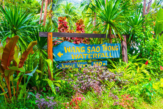 Direction sign to Wang Sao Thong Waterfall Koh Samui Thailand.
