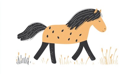 Appaloosa horse walking in field, simple illustration, kids book