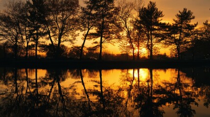 Golden Sunset Over Still Lake Reflecting Silhouetted Trees, Evoking Tranquility and Peaceful Scenery For Wellness Retreats : Generative AI